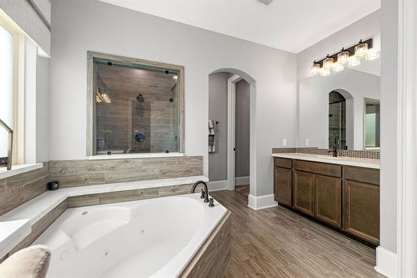 Bathroom, Glass Shower, Interior, Wood Texture Flooring