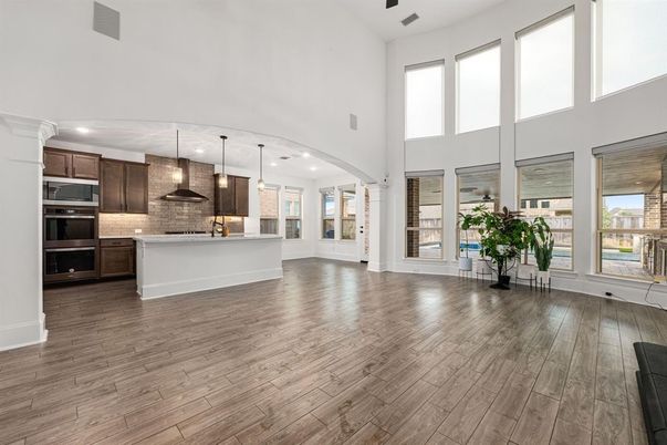 Interior, Kitchen, Pendant Lights, Stainless Steel Appliances, Wood Texture Flooring