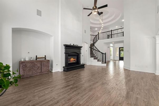 Fireplace, Interior, Recessed Lighting, Wood Texture Flooring