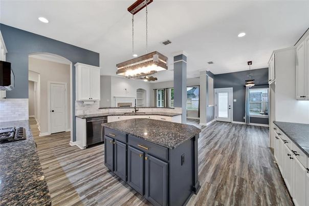 Interior, Kitchen, Pendant Lights, Recessed Lighting, Wood Texture Flooring