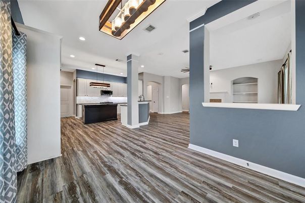 Interior, Kitchen, Pendant Lights, Recessed Lighting, Wood Texture Flooring