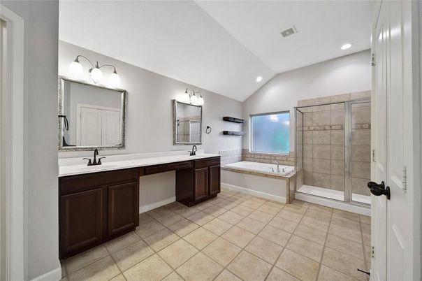 Bathroom, Dual Sink Vanities, Glass Shower, Interior, Recessed Lighting