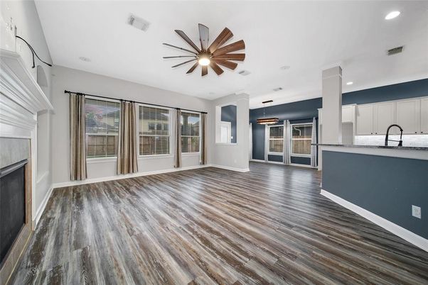 Empty room, Interior, Kitchen, Recessed Lighting, Wood Texture Flooring