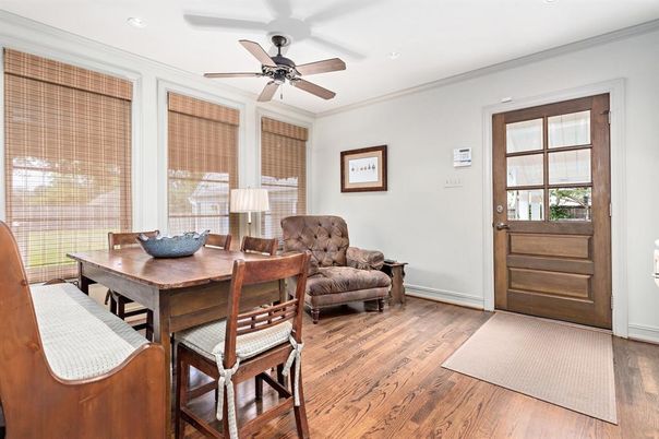 Dining room, Interior, Recessed Lighting, Wood Texture Flooring
