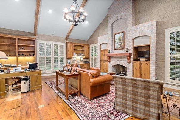 Fireplace, Home Office, Interior, Living room, Pendant Lights, Recessed Lighting, Stone Walls, Wooden Beams, Wood Texture Flooring