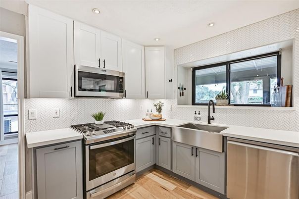 Interior, Kitchen, Recessed Lighting, Stainless Steel Appliances, Wood Texture Flooring
