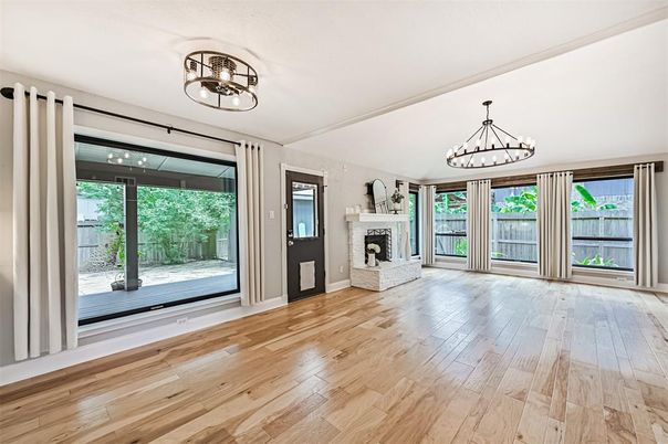 Chandelier, Empty room, Fireplace, Interior, Wood Texture Flooring