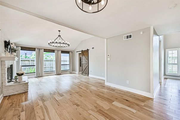 Chandelier, Empty room, Fireplace, Interior, Wood Texture Flooring