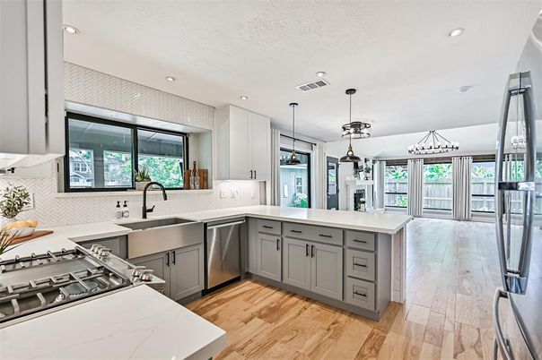 Interior, Kitchen, Pendant Lights, Recessed Lighting, Stainless Steel Appliances, Wood Texture Flooring