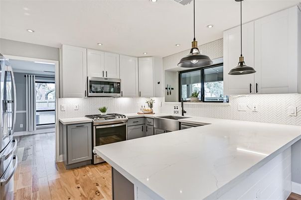 Interior, Kitchen, Pendant Lights, Recessed Lighting, Stainless Steel Appliances, Wood Texture Flooring