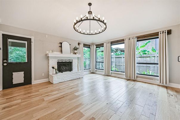 Empty room, Fireplace, Interior, Pendant Lights, Wood Texture Flooring