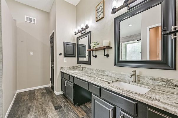 Bathroom, Dual Sink Vanities, Interior, Wood Texture Flooring