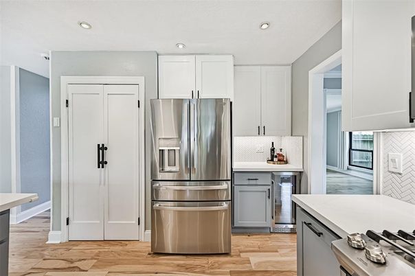Interior, Kitchen, Recessed Lighting, Stainless Steel Appliances, Wood Texture Flooring