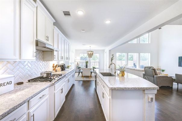 Dining room, Interior, Kitchen, Living room, Pendant Lights, Recessed Lighting, Wood Texture Flooring