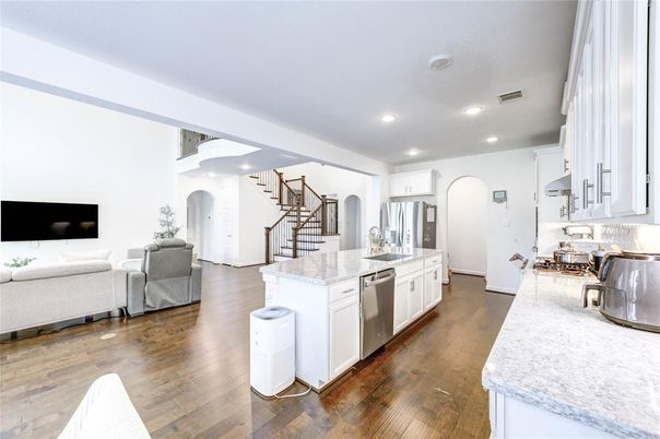 Interior, Kitchen, Living room, Recessed Lighting, Stainless Steel Appliances, Wood Texture Flooring