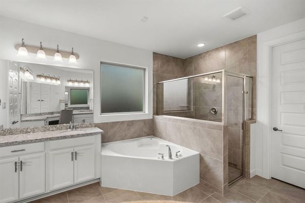 Bathroom, Dual Sink Vanities, Glass Shower, Interior, Recessed Lighting