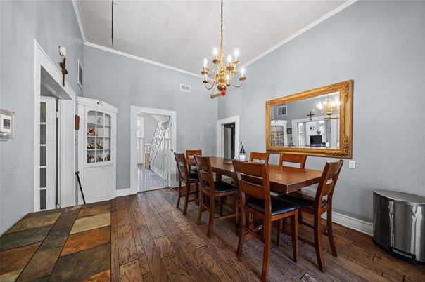 Chandelier, Dining room, Interior, Wood Texture Flooring