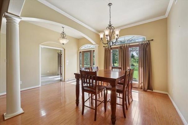 Chandelier, Dining room, Interior, Pendant Lights, Wood Texture Flooring