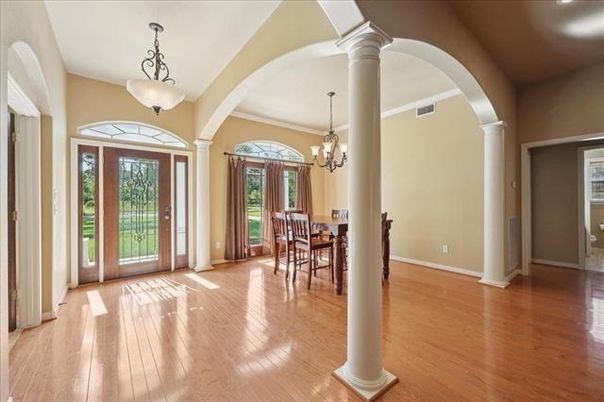 Chandelier, Dining room, Interior, Pendant Lights, Wood Texture Flooring