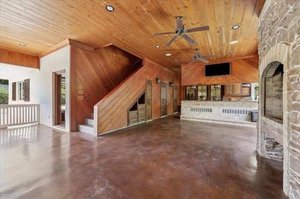 Empty room, Fireplace, Interior, Recessed Lighting, Stone Walls, Wooden Ceilings, Wooden Walls