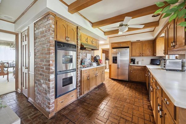 Interior, Kitchen, Recessed Lighting, Stainless Steel Appliances, Stone Walls, Wooden Beams, Wood Texture Flooring