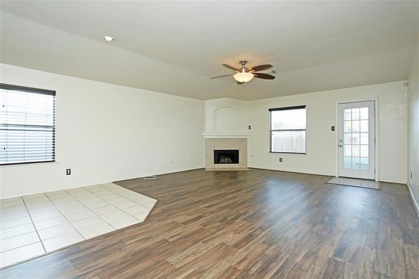 Empty room, Fireplace, Interior, Recessed Lighting, Wood Texture Flooring