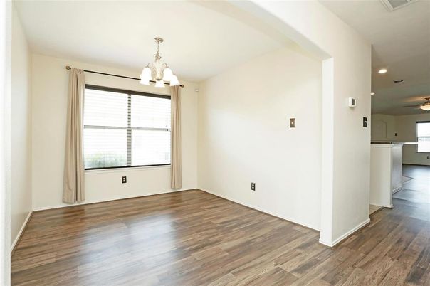 Chandelier, Empty room, Interior, Recessed Lighting, Wood Texture Flooring