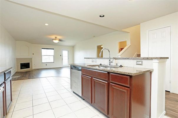 Fireplace, Interior, Kitchen, Recessed Lighting, Wood Texture Flooring