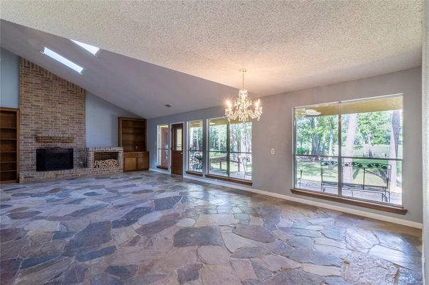 Chandelier, Empty room, Fireplace, Interior, Stone Walls