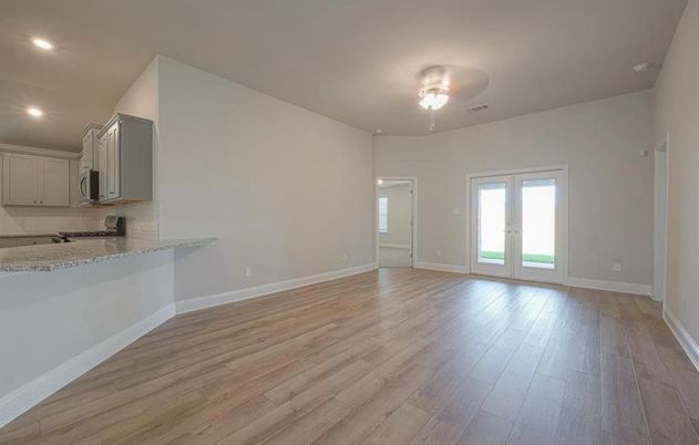 Empty room, Interior, Kitchen, Recessed Lighting, Wood Texture Flooring