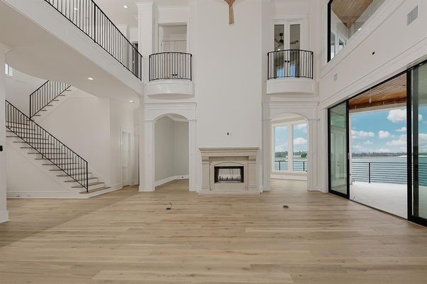 Fireplace, Interior, Recessed Lighting, Water, Wood Texture Flooring
