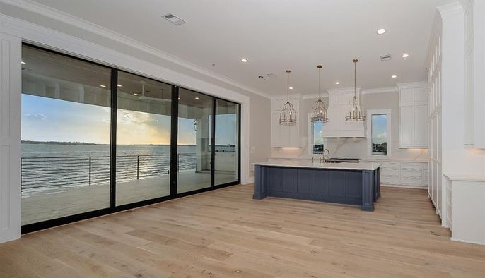 Interior, Kitchen, Pendant Lights, Recessed Lighting, Water, Wood Texture Flooring