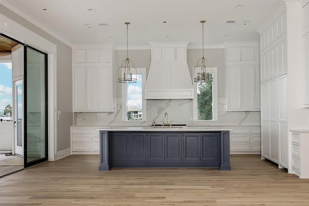 Interior, Kitchen, Marble Walls, Pendant Lights, Recessed Lighting, Wood Texture Flooring