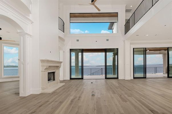 Fireplace, Interior, Recessed Lighting, Water, Wood Texture Flooring
