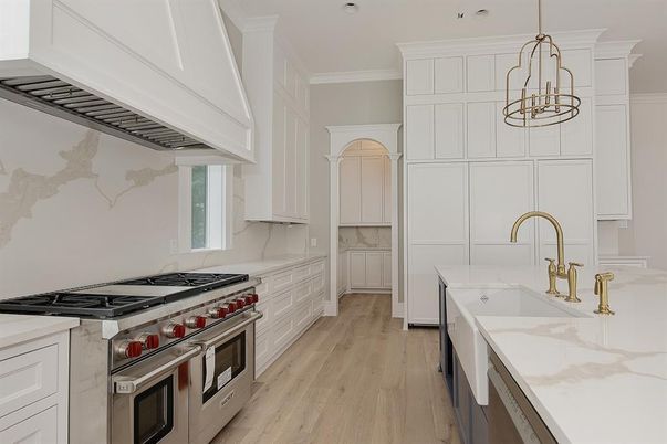 Chandelier, Interior, Kitchen, Pendant Lights, Stainless Steel Appliances, Wood Texture Flooring