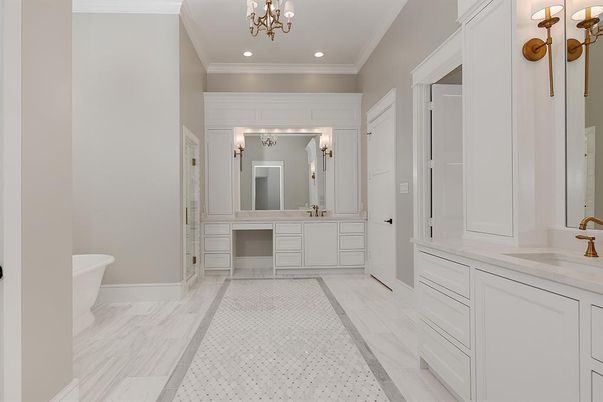 Bathroom, Chandelier, Dual Sink Vanities, Free Standing Baths, Interior, Marble, Recessed Lighting