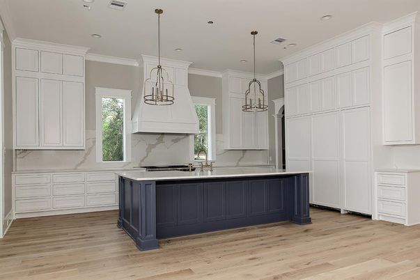 Interior, Kitchen, Marble Walls, Pendant Lights, Recessed Lighting, Wood Texture Flooring