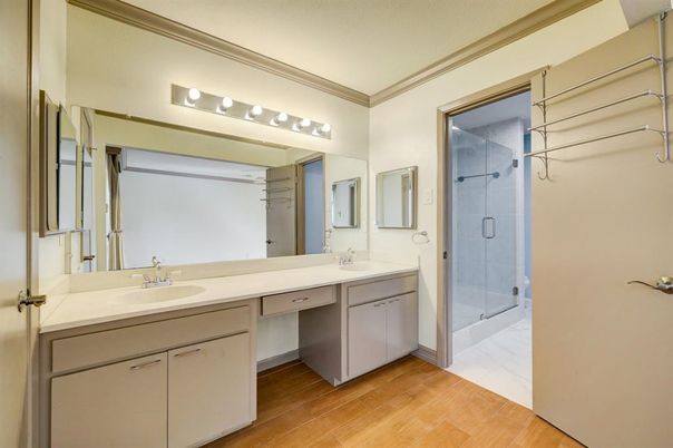 Bathroom, Dual Sink Vanities, Glass Shower, Interior, Wood Texture Flooring