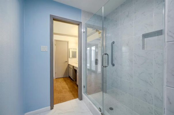 Bathroom, Glass Shower, Interior, Marble, Marble Walls, Wood Texture Flooring