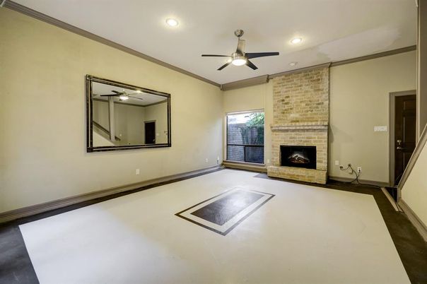 Empty room, Fireplace, Interior, Recessed Lighting, Stone Walls