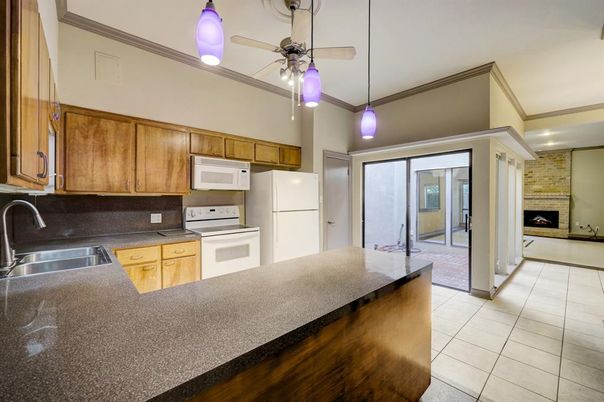 Fireplace, Interior, Kitchen, Pendant Lights, Stone Walls
