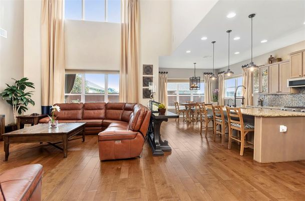 Dining room, Interior, Kitchen, Living room, Pendant Lights, Recessed Lighting, Wood Texture Flooring