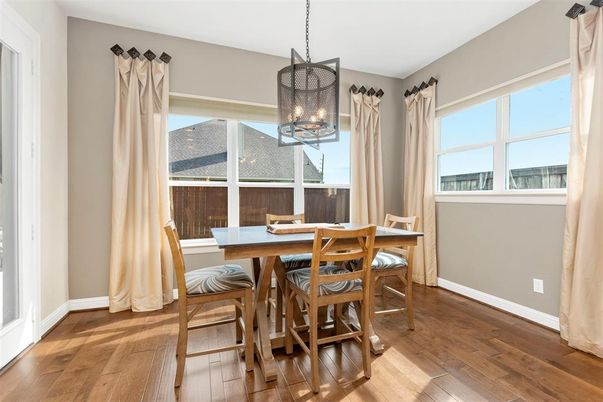 Dining room, Interior, Pendant Lights, Wood Texture Flooring