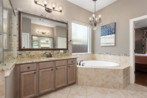 Bathroom, Chandelier, Dual Sink Vanities, Interior, Pendant Lights