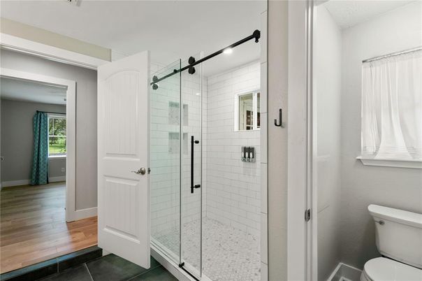 Bathroom, Glass Shower, Interior, Wood Texture Flooring