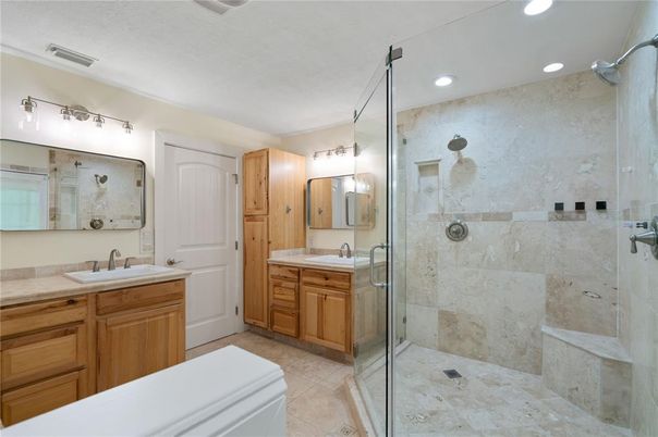 Bathroom, Dual Sink Vanities, Glass Shower, Interior, Recessed Lighting