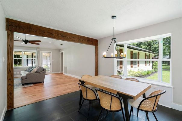 Dining room, Interior, Pendant Lights, Recessed Lighting, Wood Texture Flooring