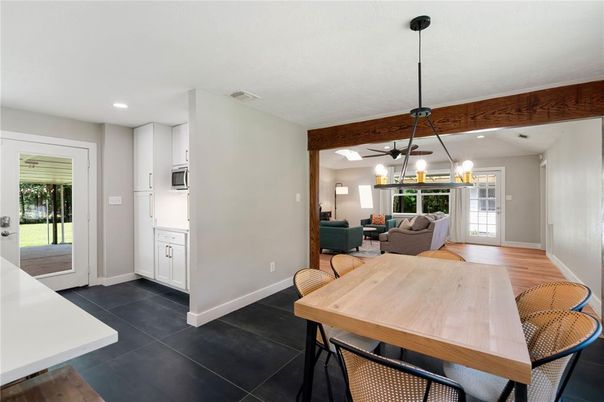Dining room, Interior, Kitchen, Living room, Pendant Lights, Recessed Lighting, Wood Texture Flooring