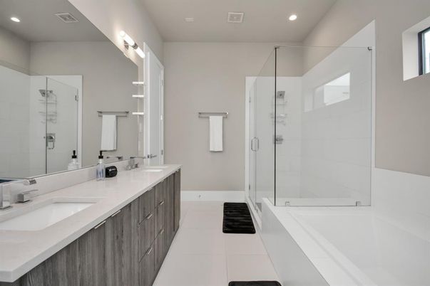 Bathroom, Dual Sink Vanities, Glass Shower, Interior, Recessed Lighting