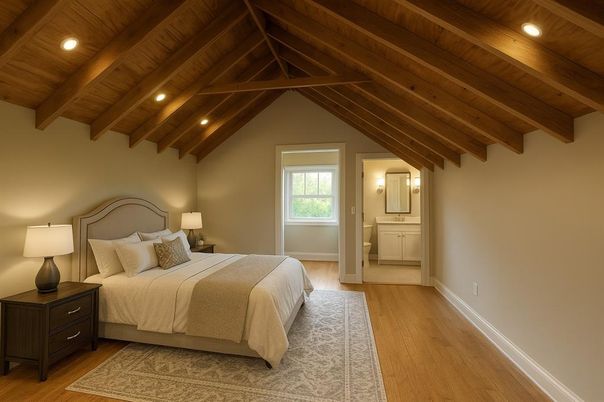 Bedroom, Interior, Recessed Lighting, Wooden Beams, Wooden Ceilings, Wood Texture Flooring